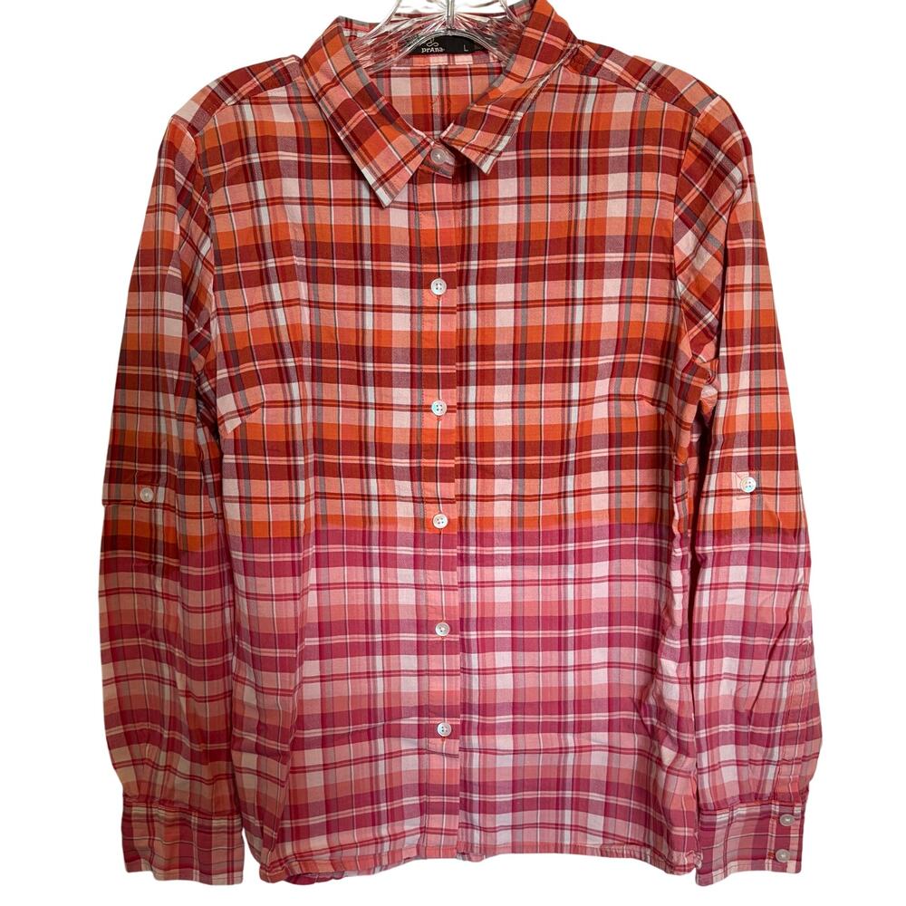 Prana Orange Pink Plaid Button-Up Blouse